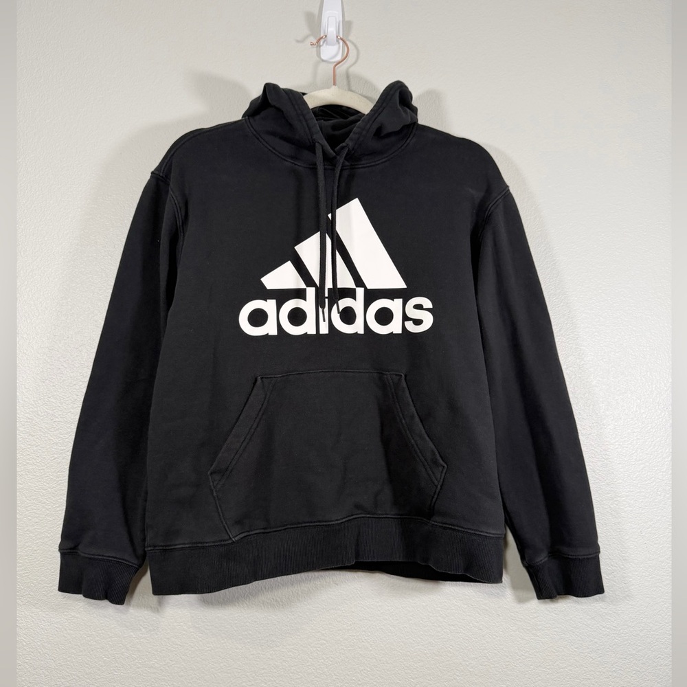 Adidas Hoodie Sweatshirt Black Classic White Logo Fleece Lining Pullover Women M